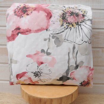 Au mètre toile  coton épais  fond blanc imprimé fleurs de pavot en 140cm n°10433