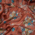 Coupon Mousseline polyester rouille fleurie à rayure lurex dorée 1m90 en 150cm n°10871