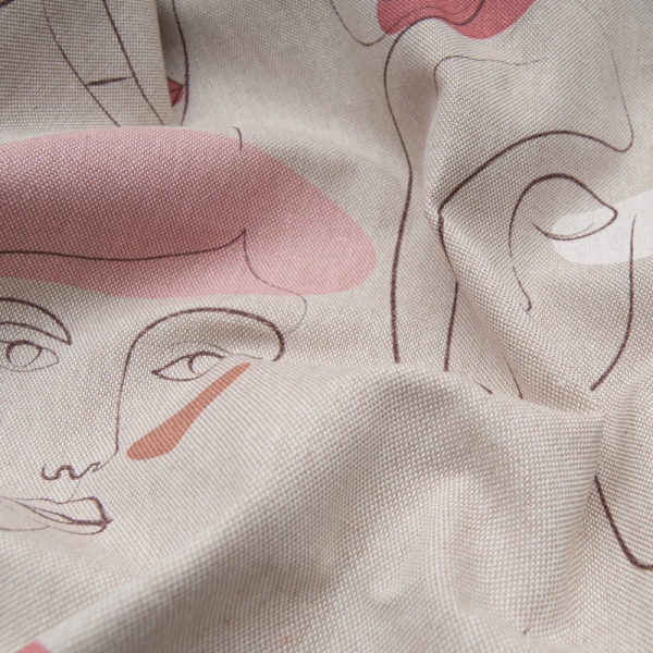 Tissu effet lin motif "Visages"