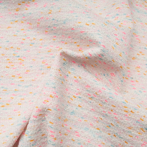Tweed lurex bleu, rose, ocre sur fond écru, STRETCH