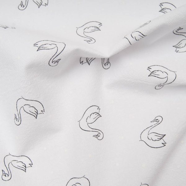 coton lavé motif cygne avec pois blancs fond BLANC Oekotex