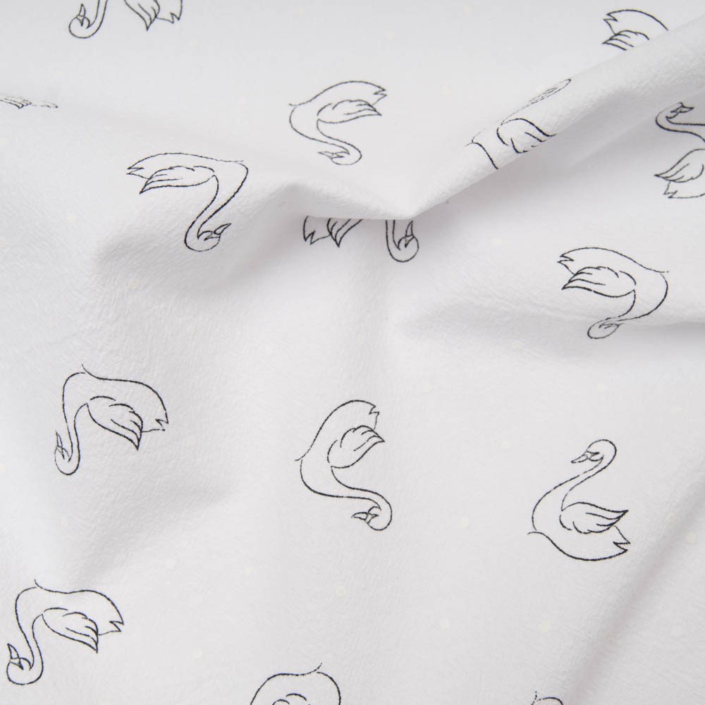 coton lavé motif cygne avec pois blancs fond BLANC Oekotex