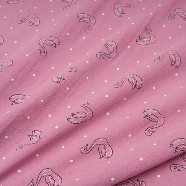 coton lavé motif cygne avec pois blancs fond VIEUX ROSE Oekotex