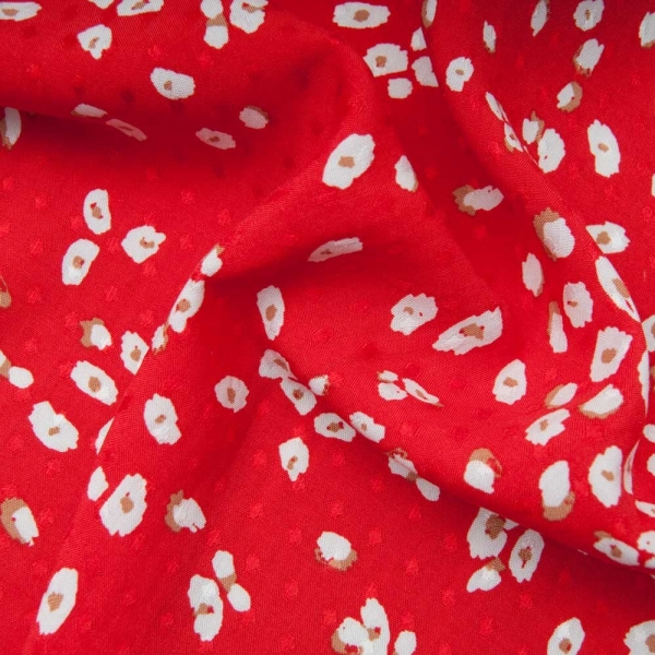 viscose rouge coquelicot, imprimé fleur blanche et taupe ( IKKS)