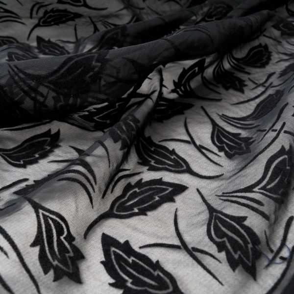 dévoré polyester polyamide noir avec feuilles en relief en velours