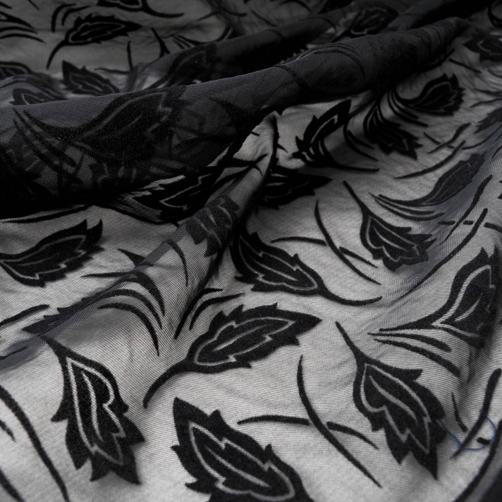 dévoré polyester polyamide noir avec feuilles en relief en velours