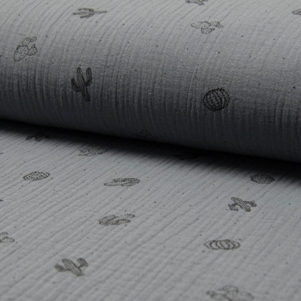 Double Gaze imprimé cactus 100% Coton Gris foncé