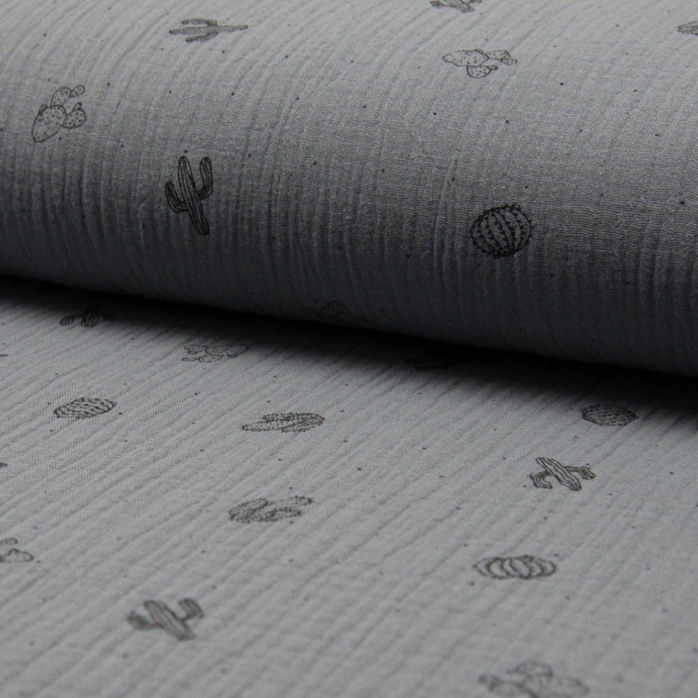 Double Gaze imprimé cactus 100% Coton Gris foncé