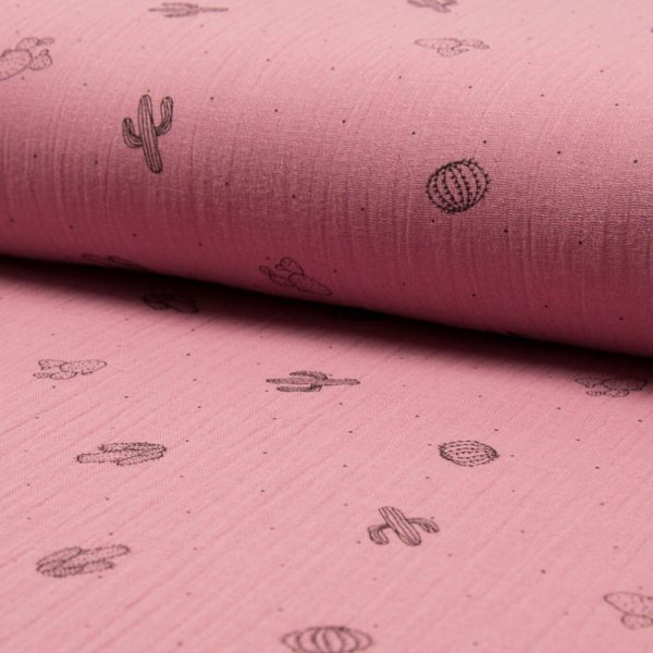 Double Gaze imprimé cactus 100% Coton Rose foncé
