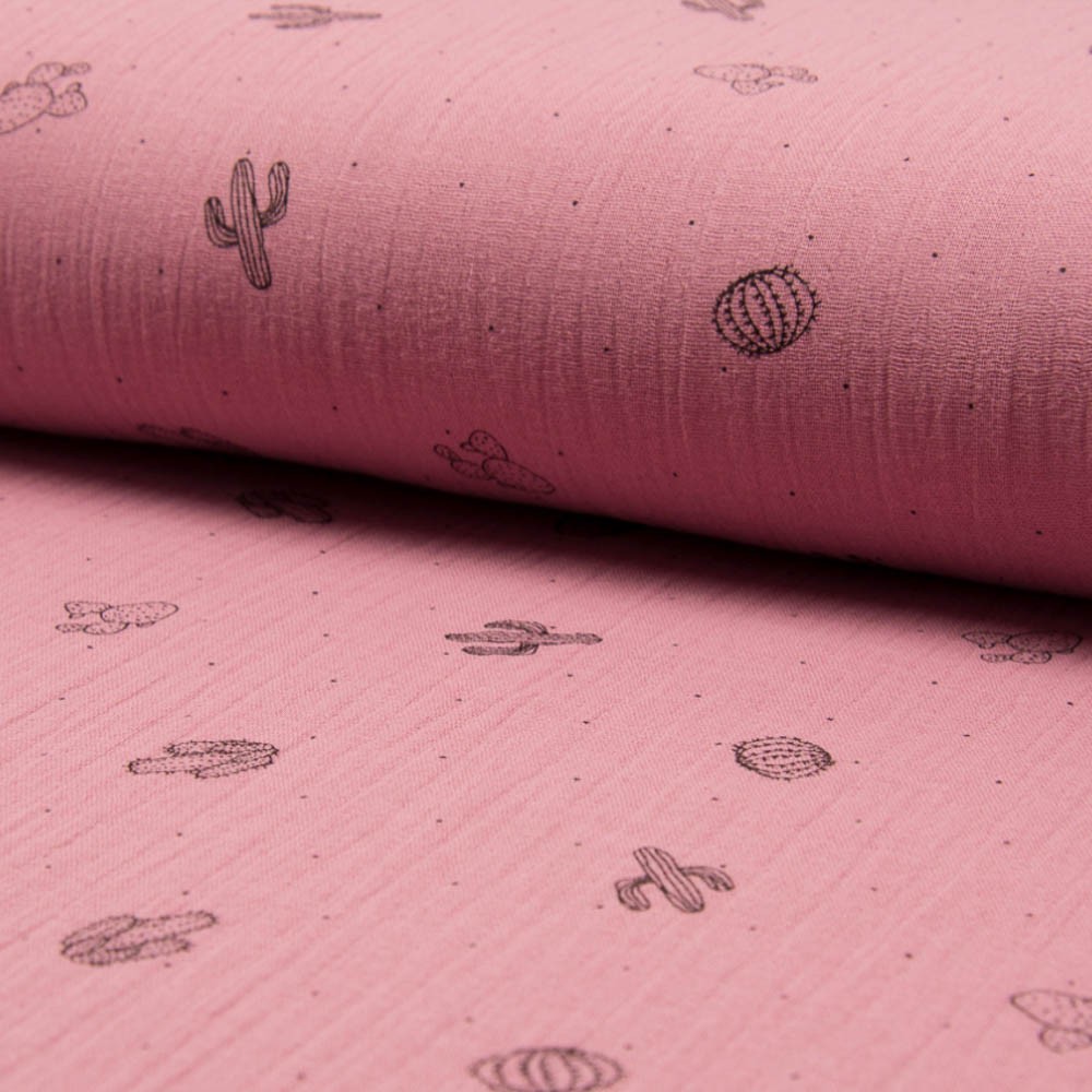 Double Gaze imprimé cactus 100% Coton Rose foncé