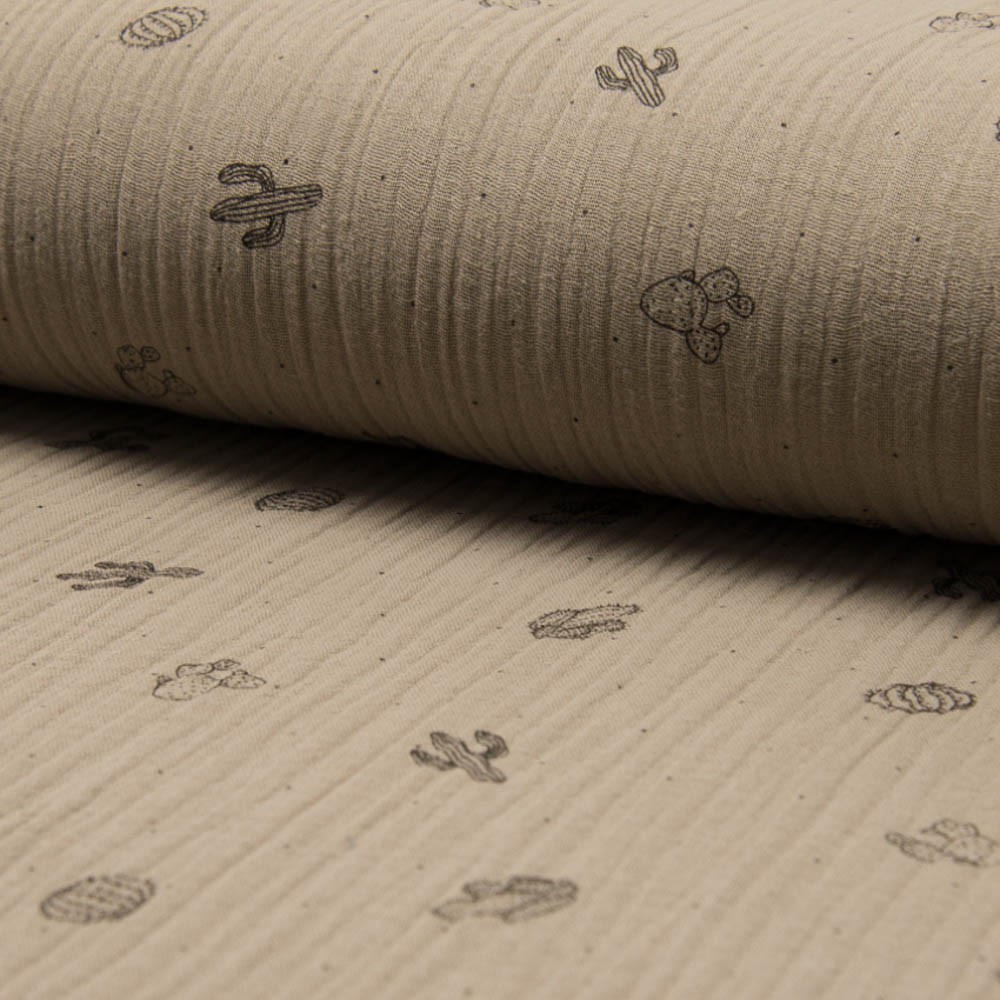 Double Gaze imprimé cactus 100% Coton Taupe