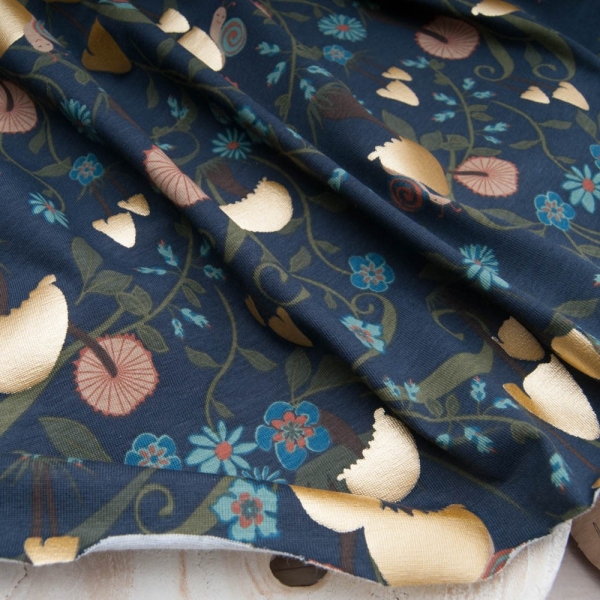 Jersey 95% COTON 5% Elasthanne fond BLEU MARINE champignon doré