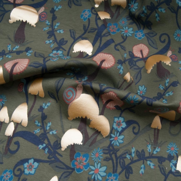 Jersey 95% COTON 5% Elasthanne fond KAKI champignon doré