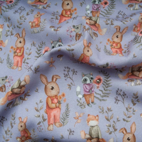 Jersey côtelé 95% COTON 5 % Elasthanne Lapin LILA