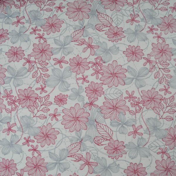 jersey coton fond blanc, fleur grise et bordeaux