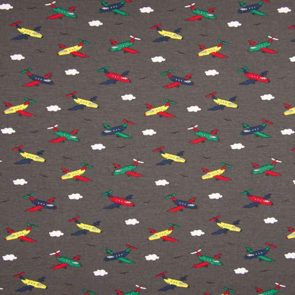Jersey Coton fond gris Avions OEKOTEX