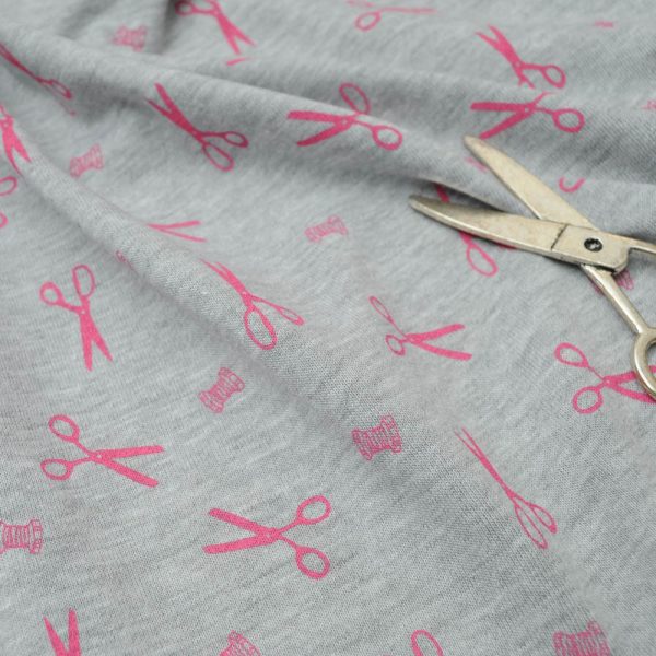jersey Coton fond gris ciseaux bobine rose