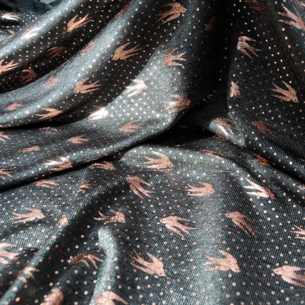 Maille fine lycra polyester kaki hirondelles dorées