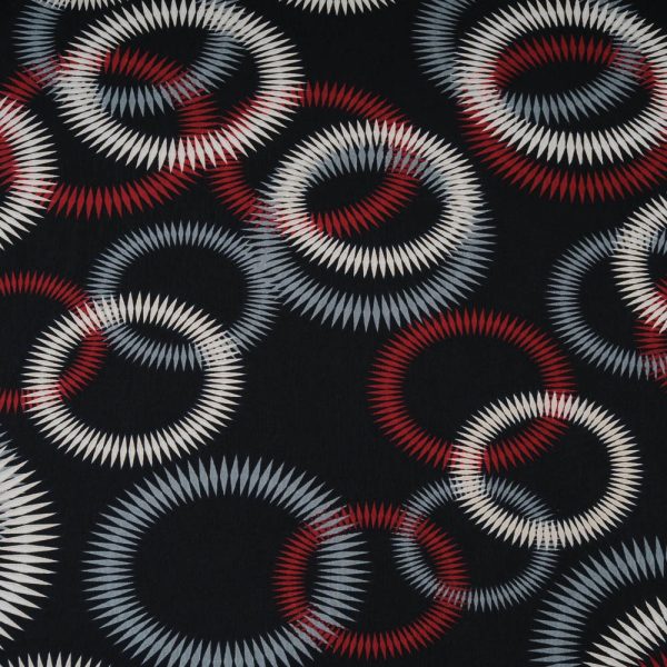 Jersey Viscose fond noir à cercles bordeaux, gris et beige