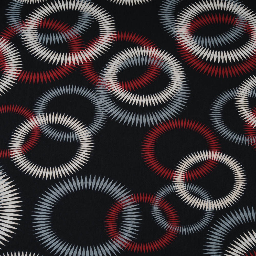 Jersey Viscose fond noir à cercles bordeaux, gris et beige