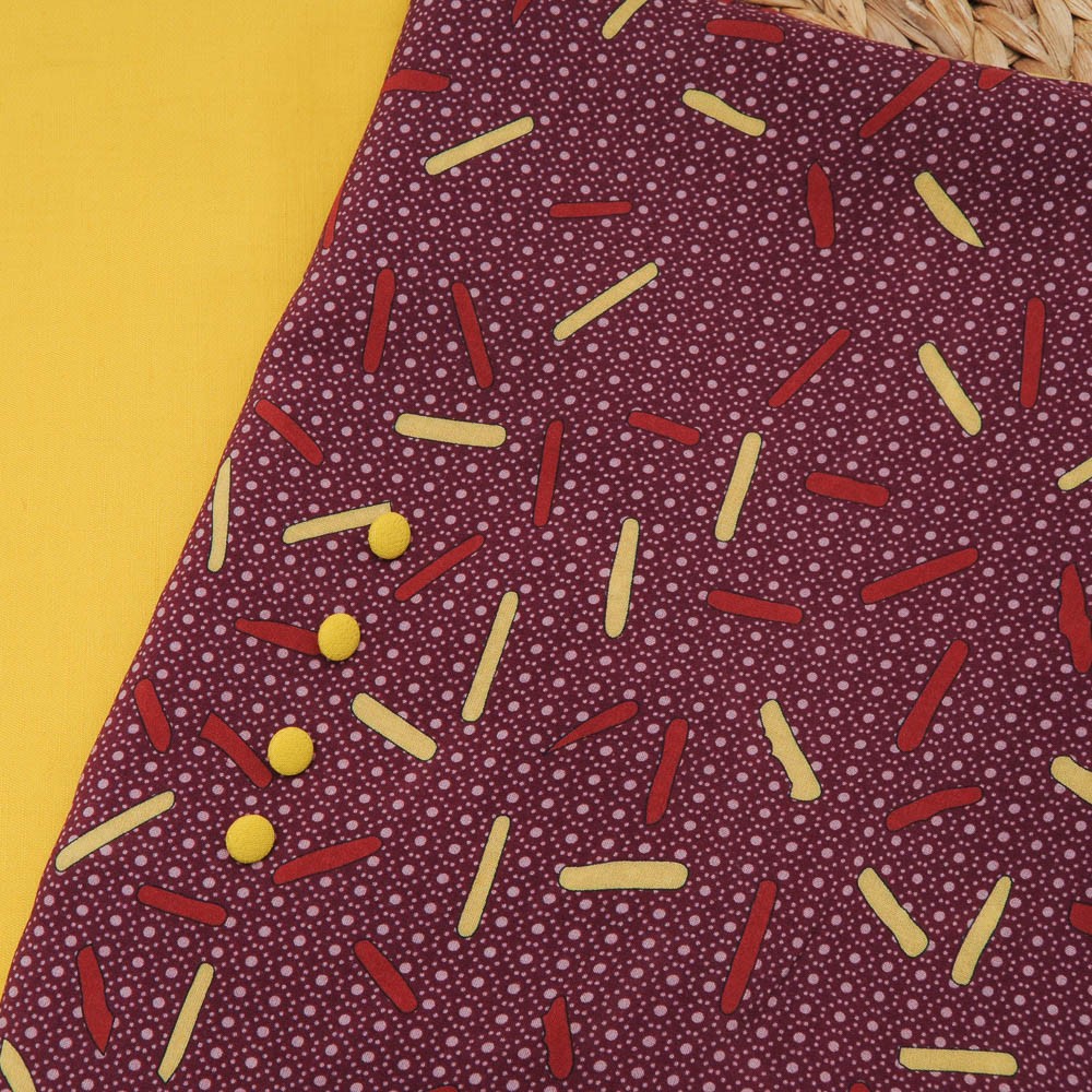 légère viscose Haute Couture bâtonnet jaune et fond bordeaux