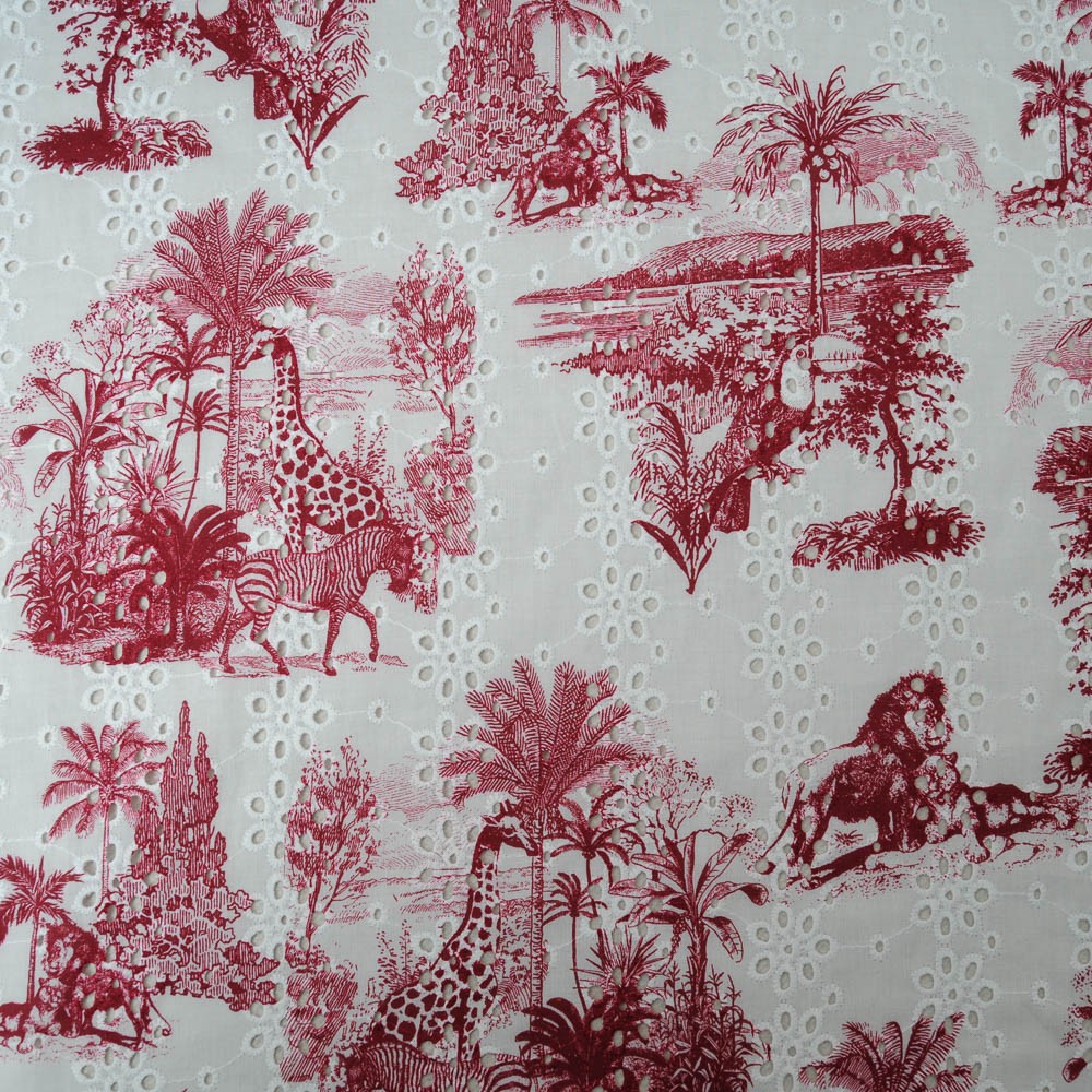 magnifique broderie anglaise Haut de gamme imprimée façon toile de jouy bordeaux