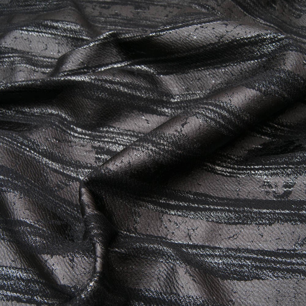 tissu type scuba noir floqué Toledo effet rayure cuir et argent