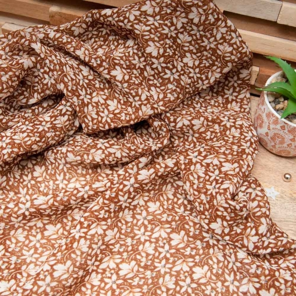 mousseline crêpe voile viscose marron fleurie beige