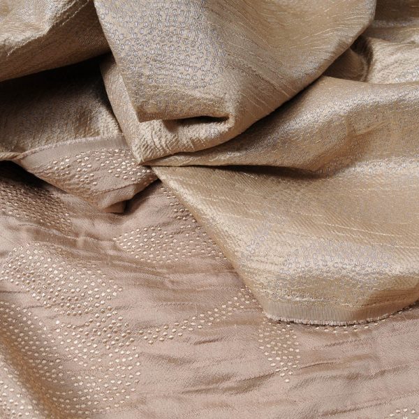 polycoton fantaisie taupe, motif fleur brodé fil doré