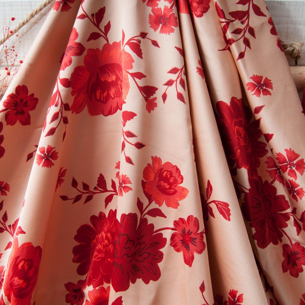 satin Viscose fond vieux rose grande fleur rouge