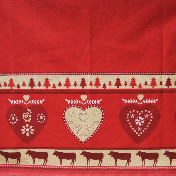toile coton cretonne fond rouge bandeau beige pour Noël ou chalet