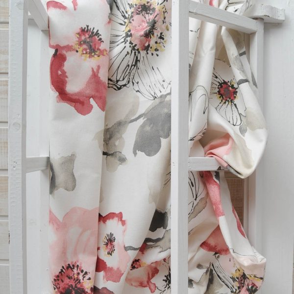 toile coton épais fond blanc imprimé fleurs de pavot