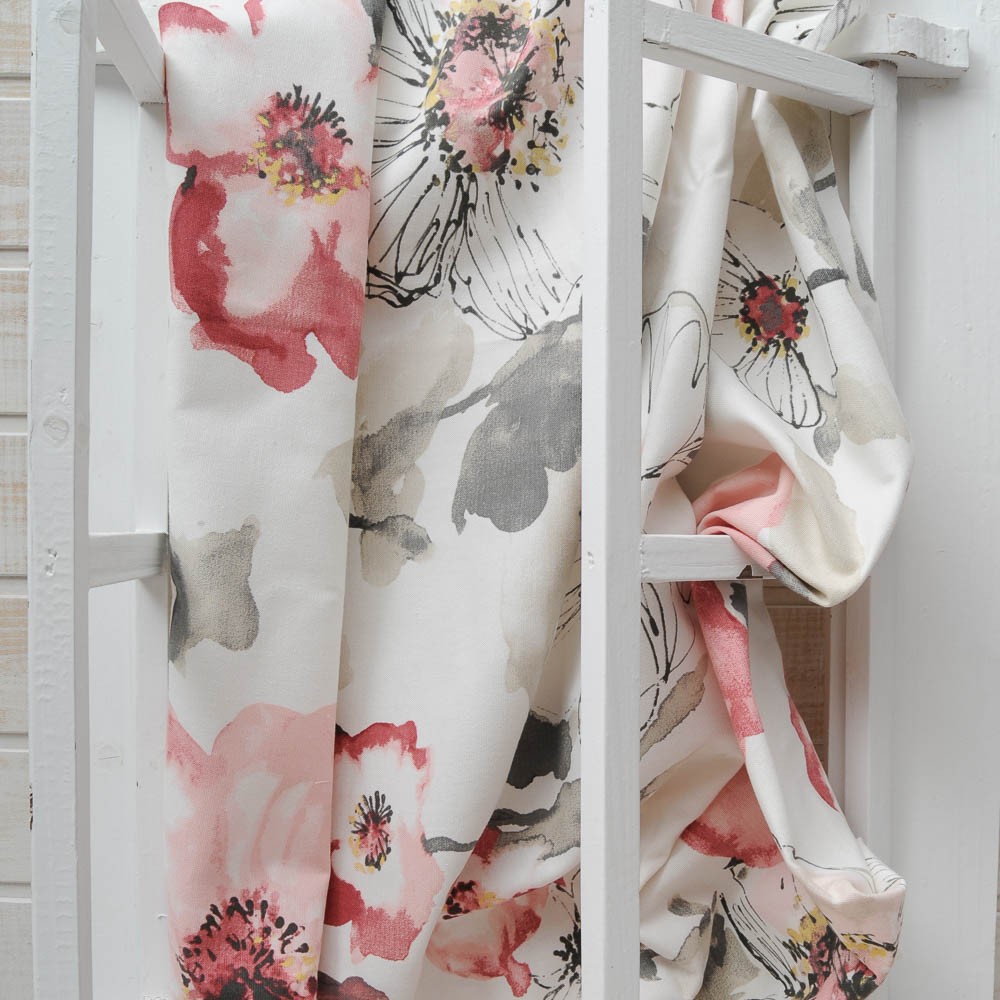 toile coton épais fond blanc imprimé fleurs de pavot
