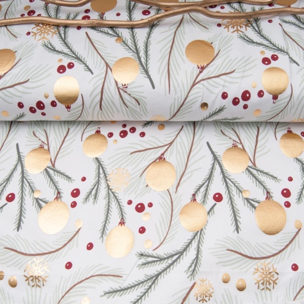 très joli Jersey Coton avec boules de Noel dorées fond blanc
