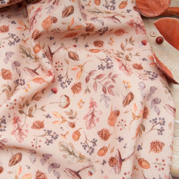 velours milleraies fleur automne fond rose poudré 100% COTON