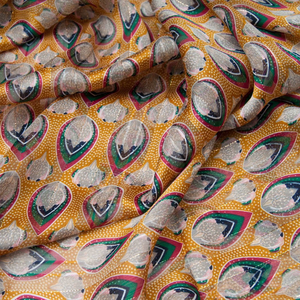 voile polyester mousseline rayure lurex doré fond ocre imprimé goutte
