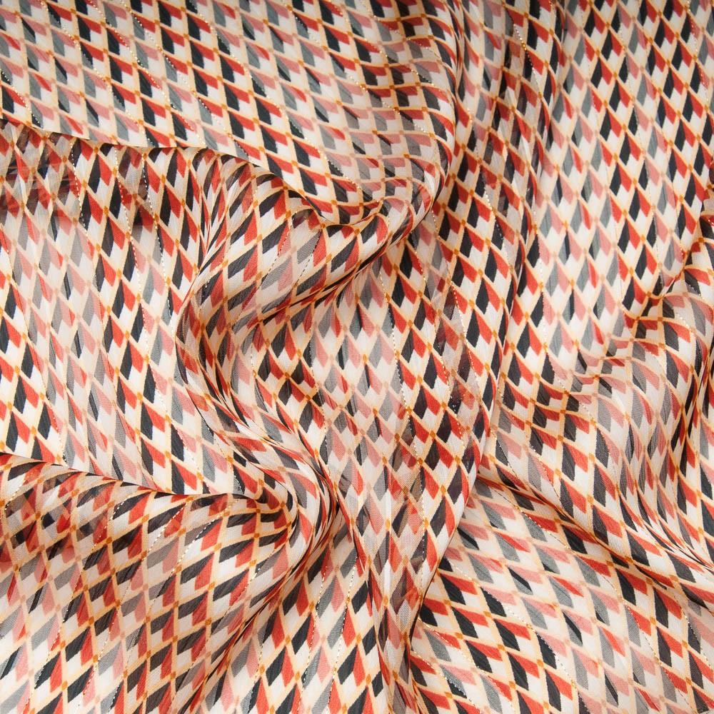 voile polyester rayure lurex doré motif rouge noir