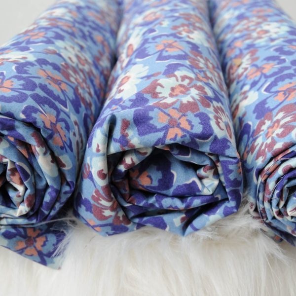 popeline Coton bleu fleurie