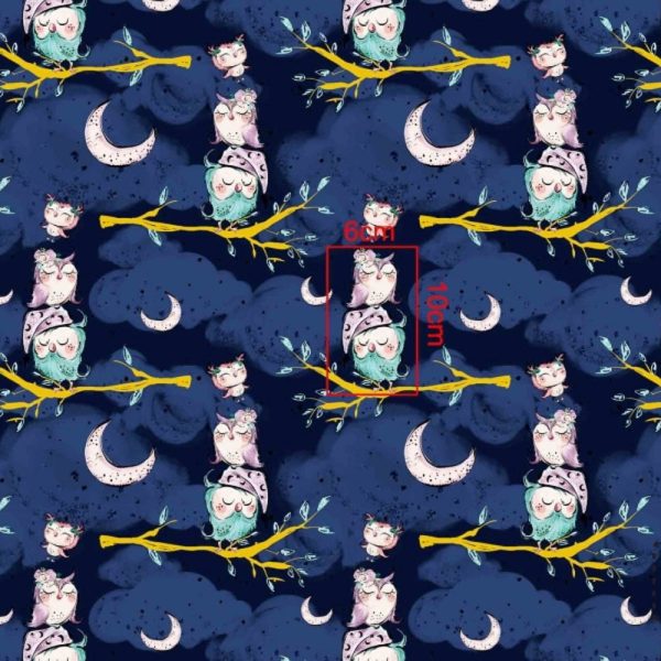 Coton OEKO TEX Chouette endormie fond bleu nuit