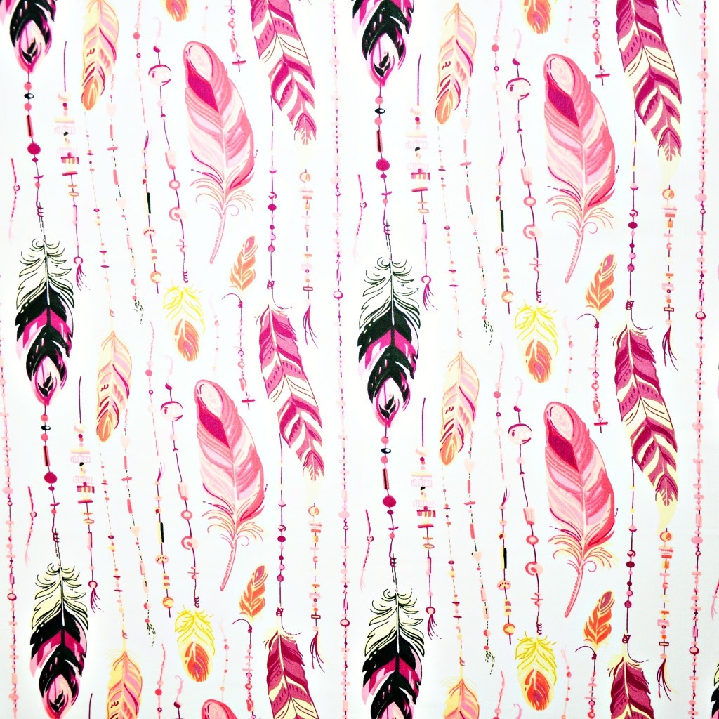 Coton OEKO TEX guirlande de plumes roses fond blanc