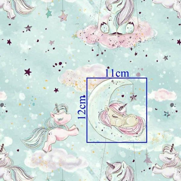 Coton OEKO TEX licorne dorée nuage fond menthe