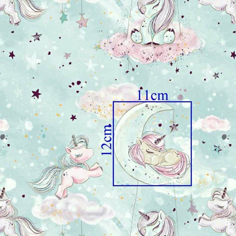 Coton OEKO TEX licorne dorée nuage fond menthe