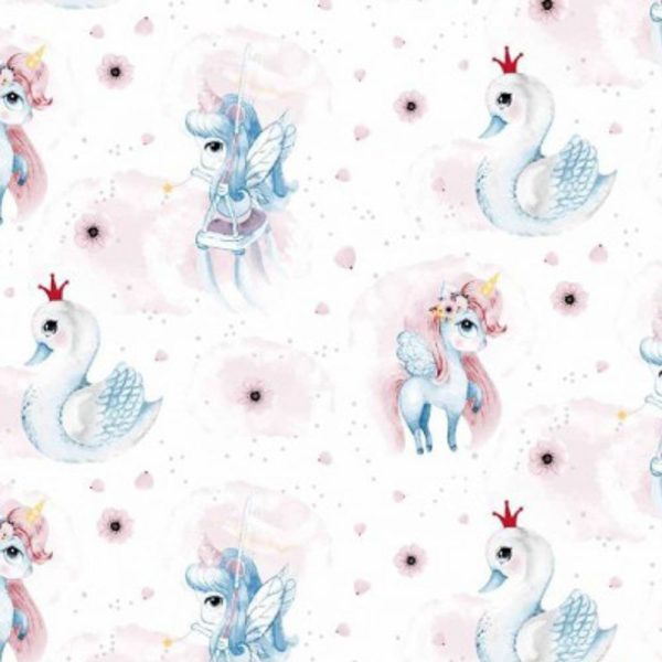 Coton OEKO TEX licorne et cygne sur fond blanc