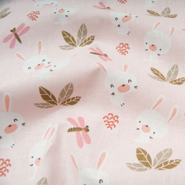 Coton OEKO TEX petit lapin fond rose