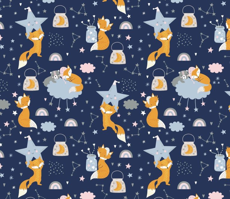 Coton OEKO TEX renard nuit étoilée fond bleu marine