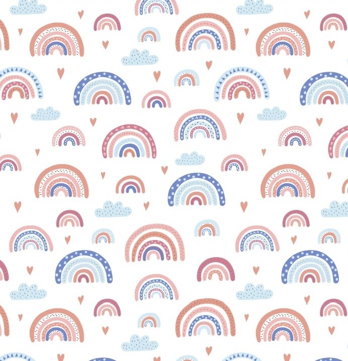 Coton OEKO TEX tête petit arc en ciel fond blanc