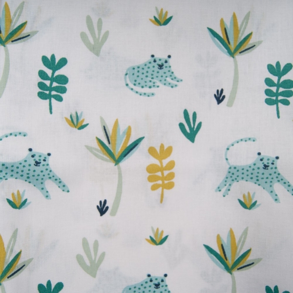 Coton OEKO TEX Tigre savane turquoise fond blanc