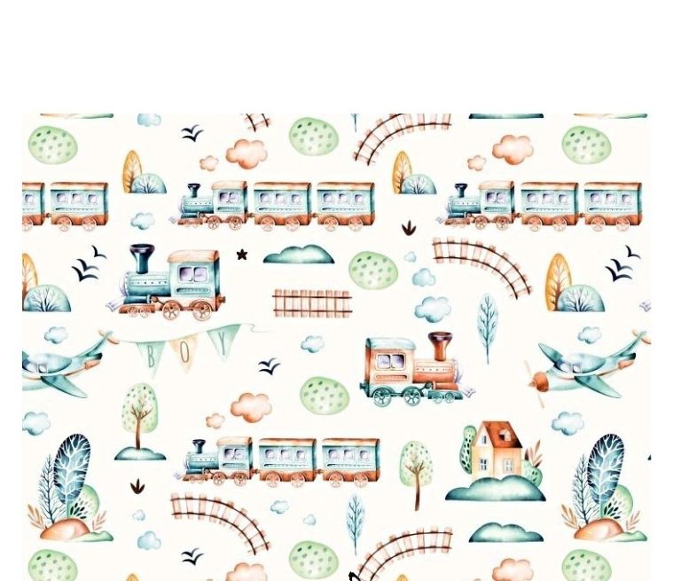 Coton OEKO TEX Train marron et bleu pastel fond blanc