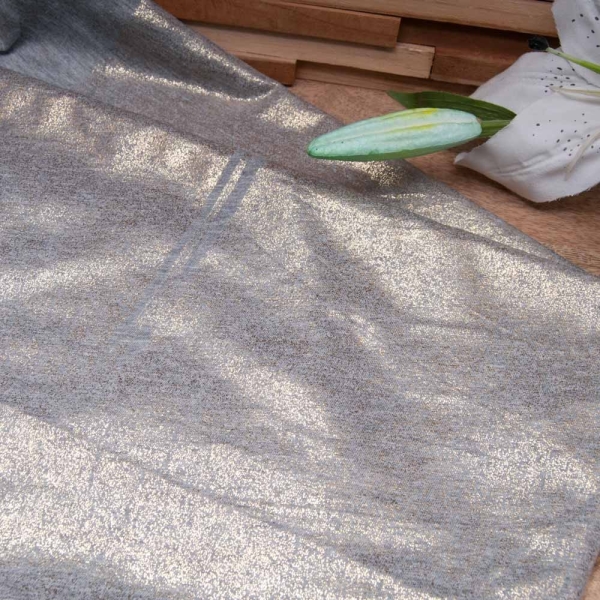 Coupon jersey polyester viscose métallisé doré sur jersey gris 2m40