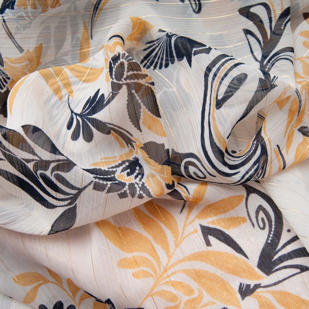 Coupon voile crêpe polyester rayé lurex doré fond blanc cassé, fleur jaune et noire 2m50